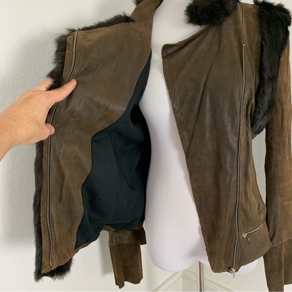 Sachin + Babi Leather Rabbit Fur Silk Jacket Brown Asymmetrical Zip - Picture 4 of 15